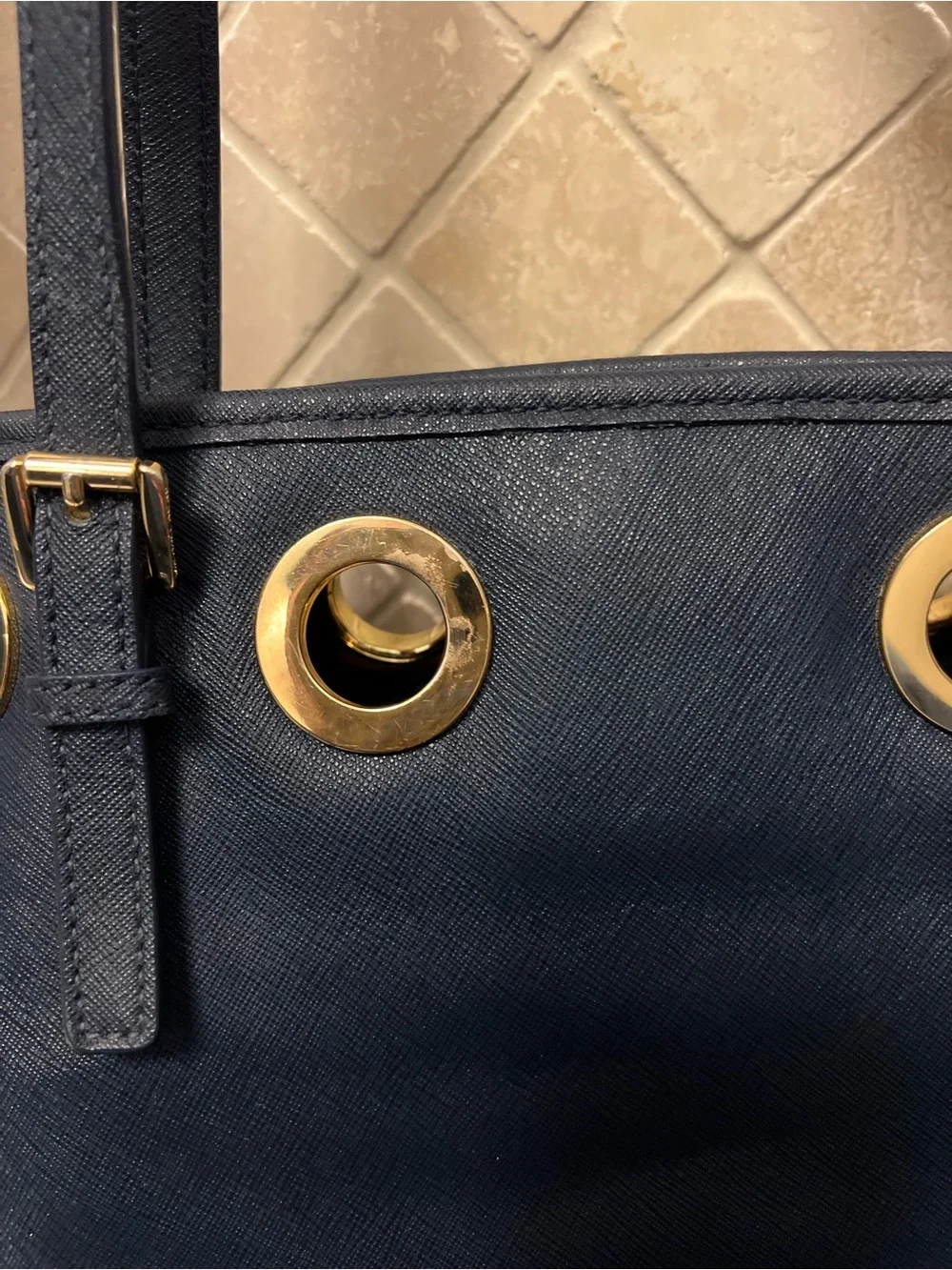 Michael Kors Navy Leather Tote‎ with Gold Grommet Accents Beachy Captain
